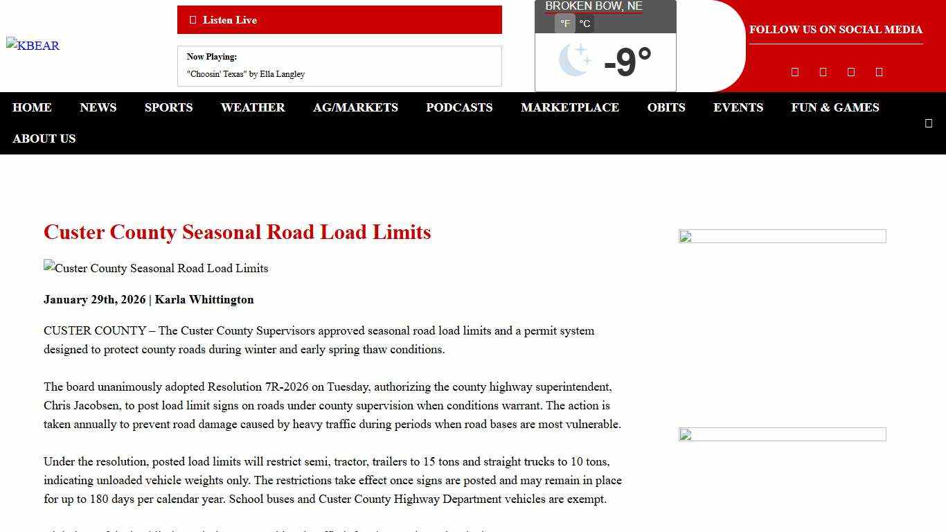 Custer County Seasonal Road Load Limits - KBEAR 92.3