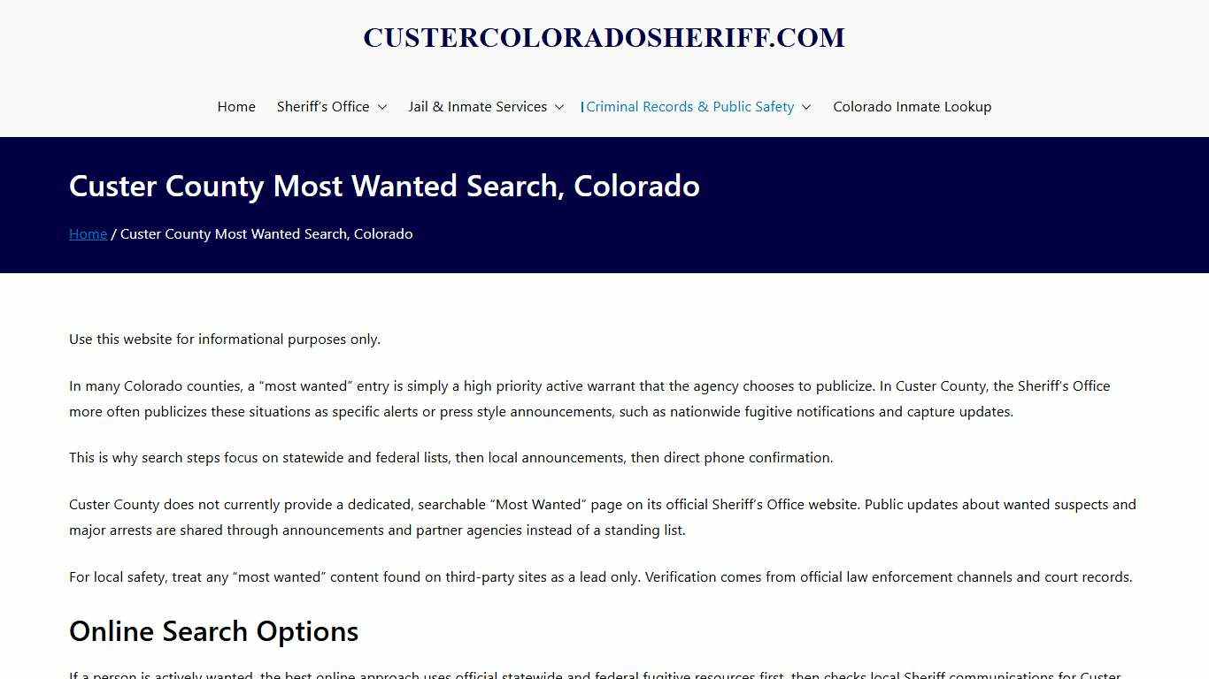 Custer County Most Wanted Search CO