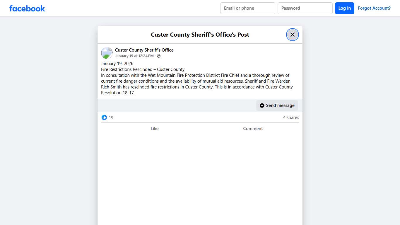 January 19, 2026 Fire... - Custer County Sheriff's Office Facebook